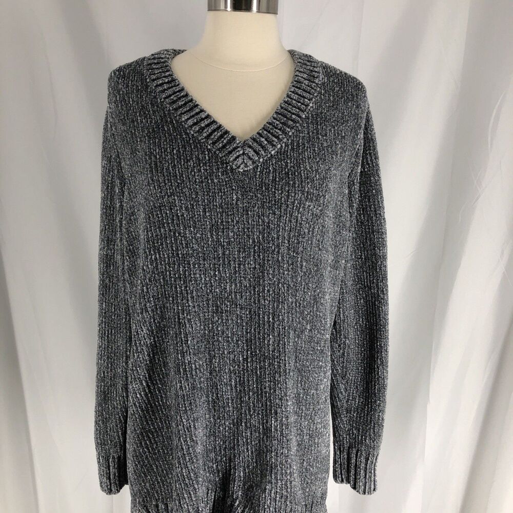 Orvis Chenille V-Neck Ribbed Trim Pullover Gray Sweater Top Womens MEDIUM